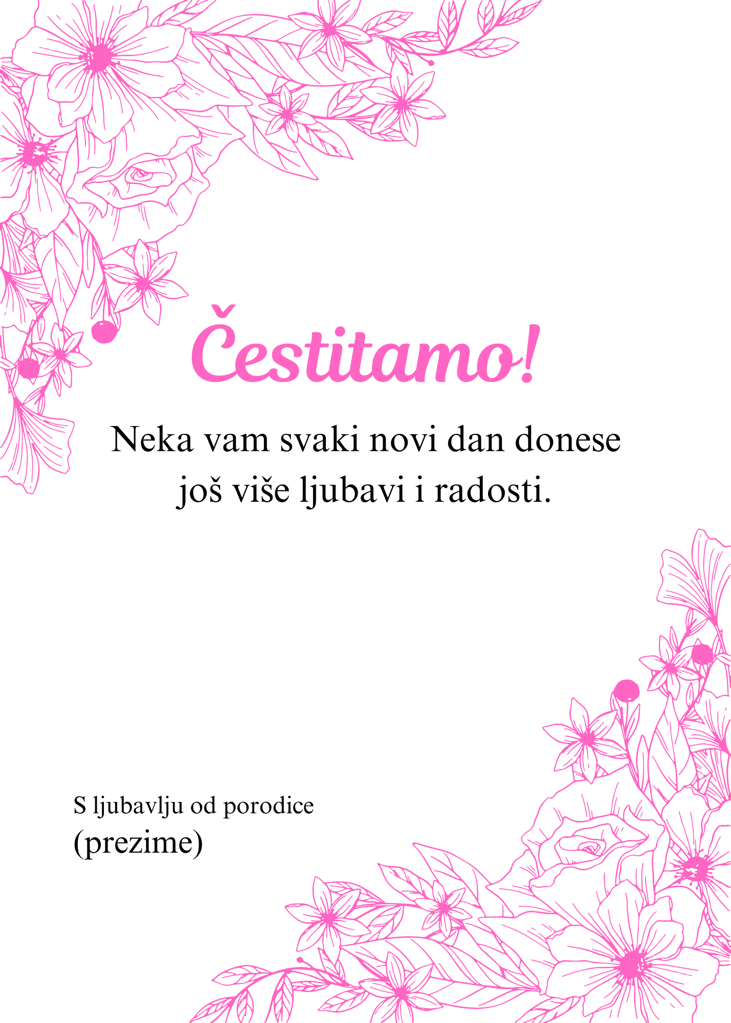 Čestitka za venčanje i svadbu sa ilustracijom cveća roze boje.