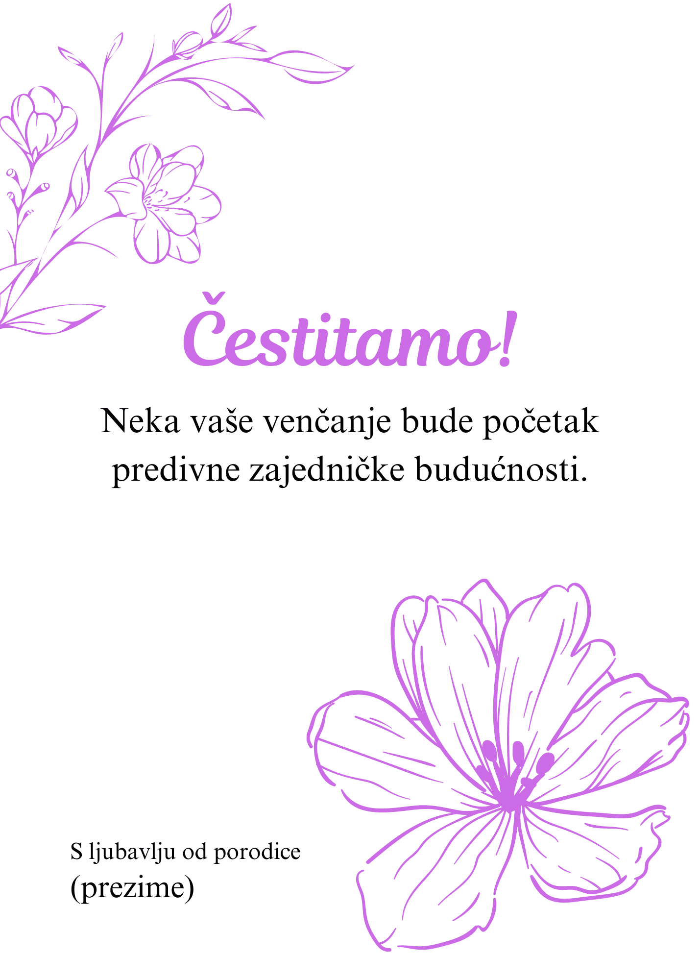 Čestitka za venčanje i svadbu sa ilustracijom cveća ljubičaste boje gore.