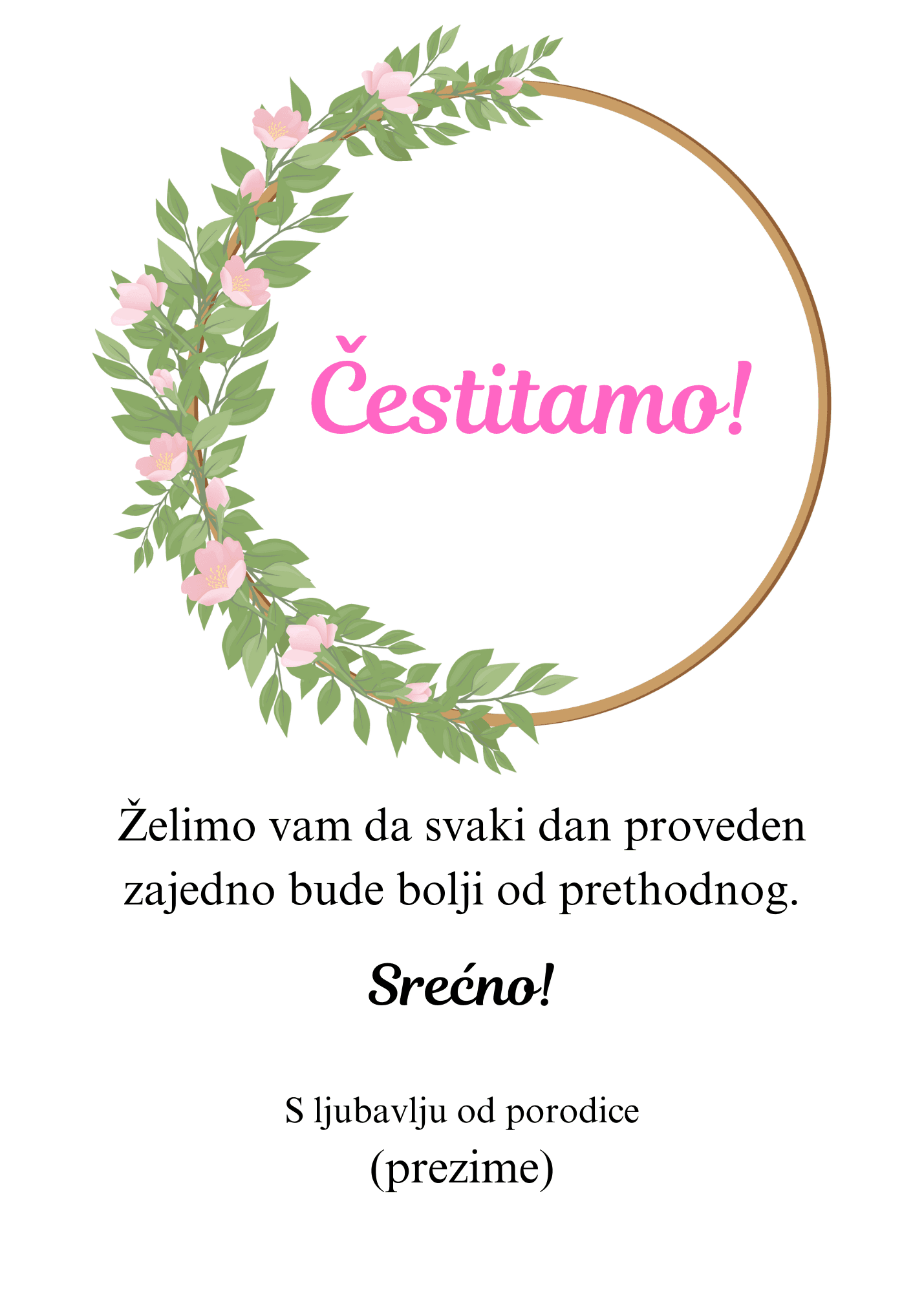 Čestitka za venčanje i svadbu sa tekstom unutar kruga od cveća roze boje.