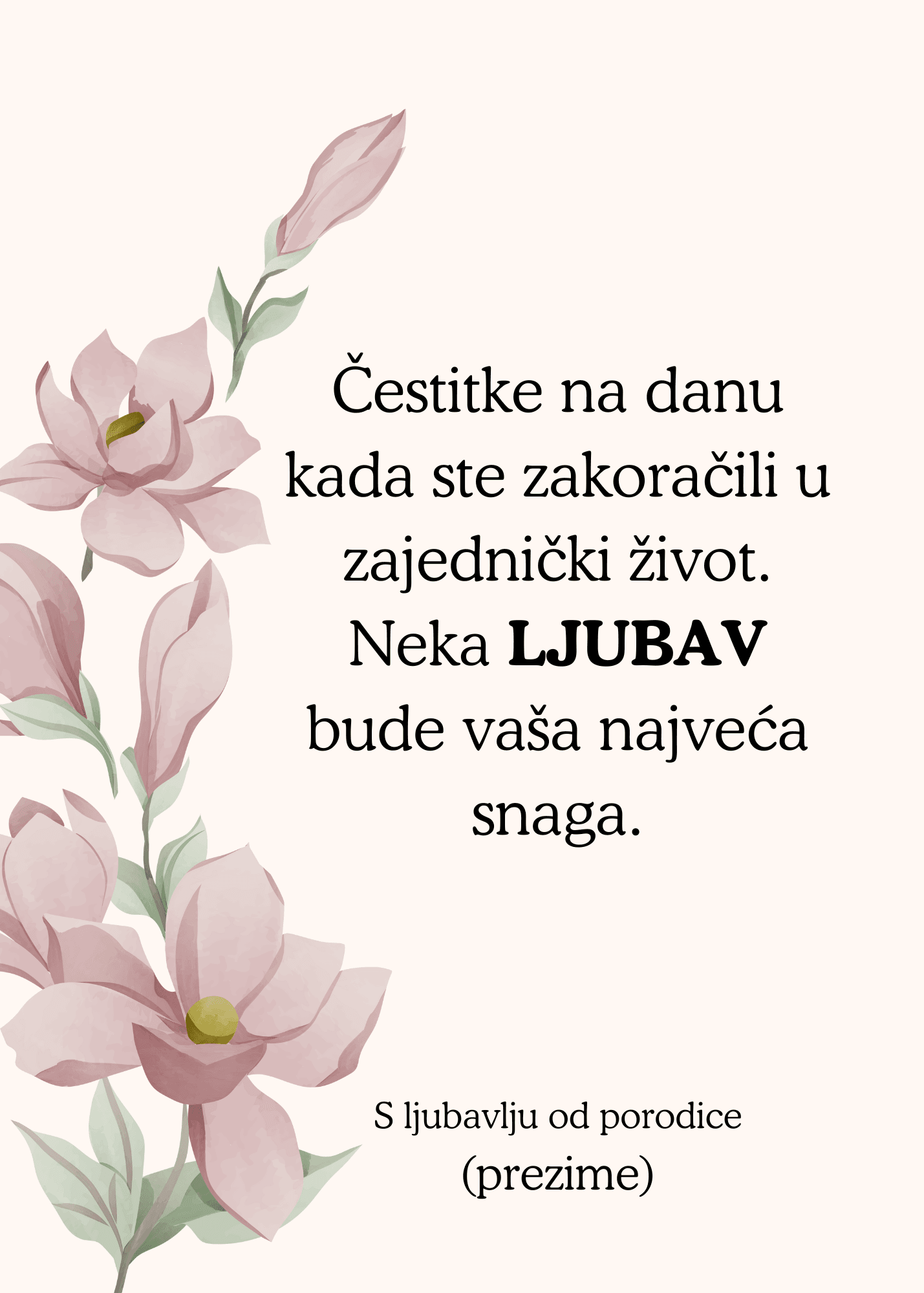 Čestitka za venčanje i svadbu sa ilustracijom cveća na levoj strani i tekstom čestitanja na desnoj strani.