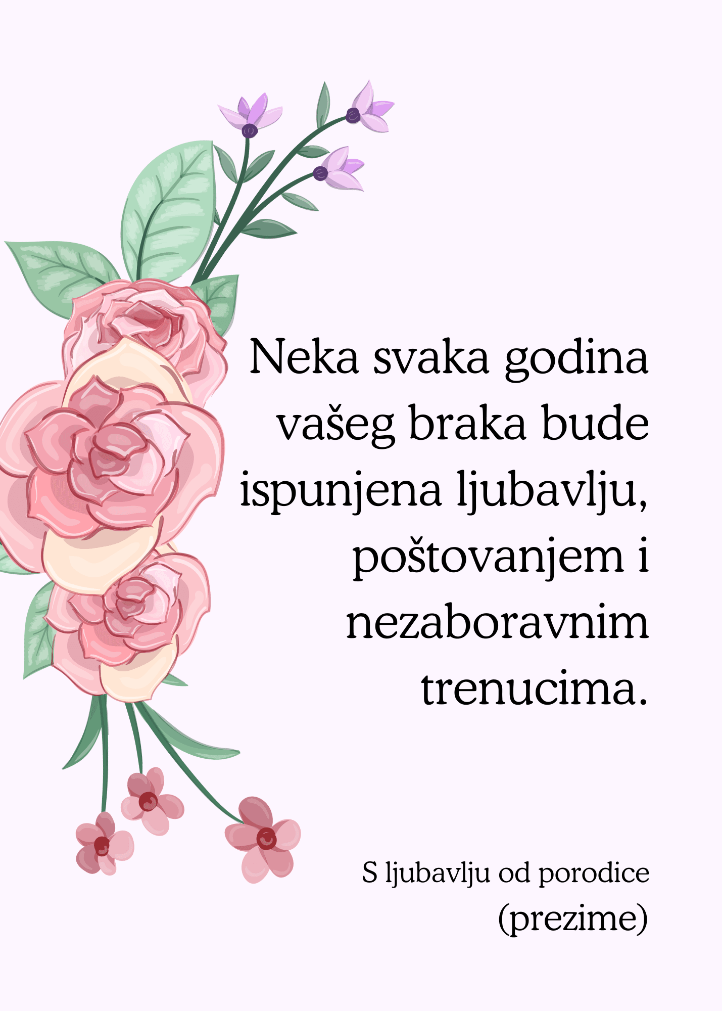 Čestitka za venčanje i svadbu sa ilustracijom cveća roze boje na levoj strani i tekstom čestitanja na desnoj strani.