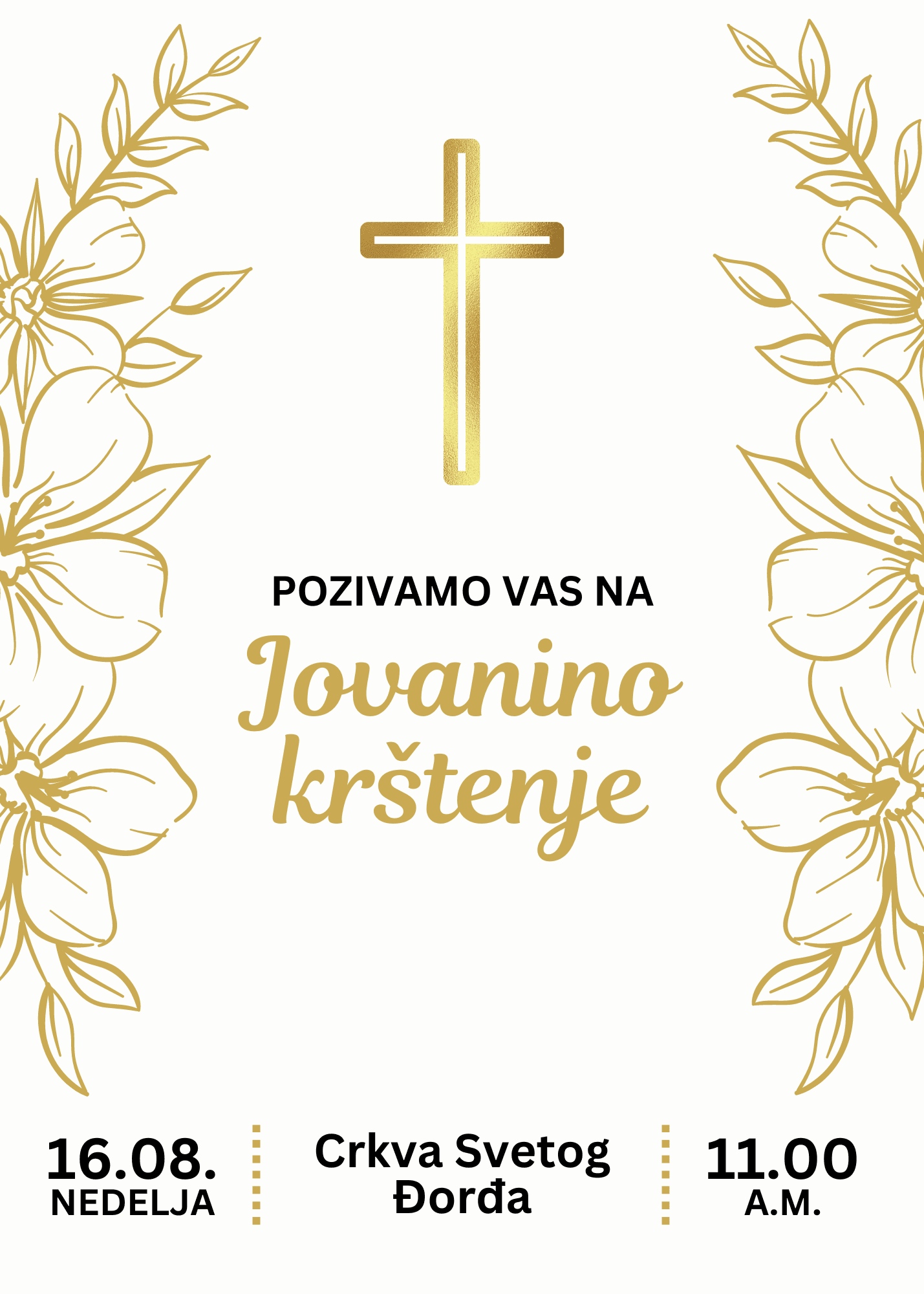 Pozivnica za krštenje sa ilustracijom cveća zlatne boje.