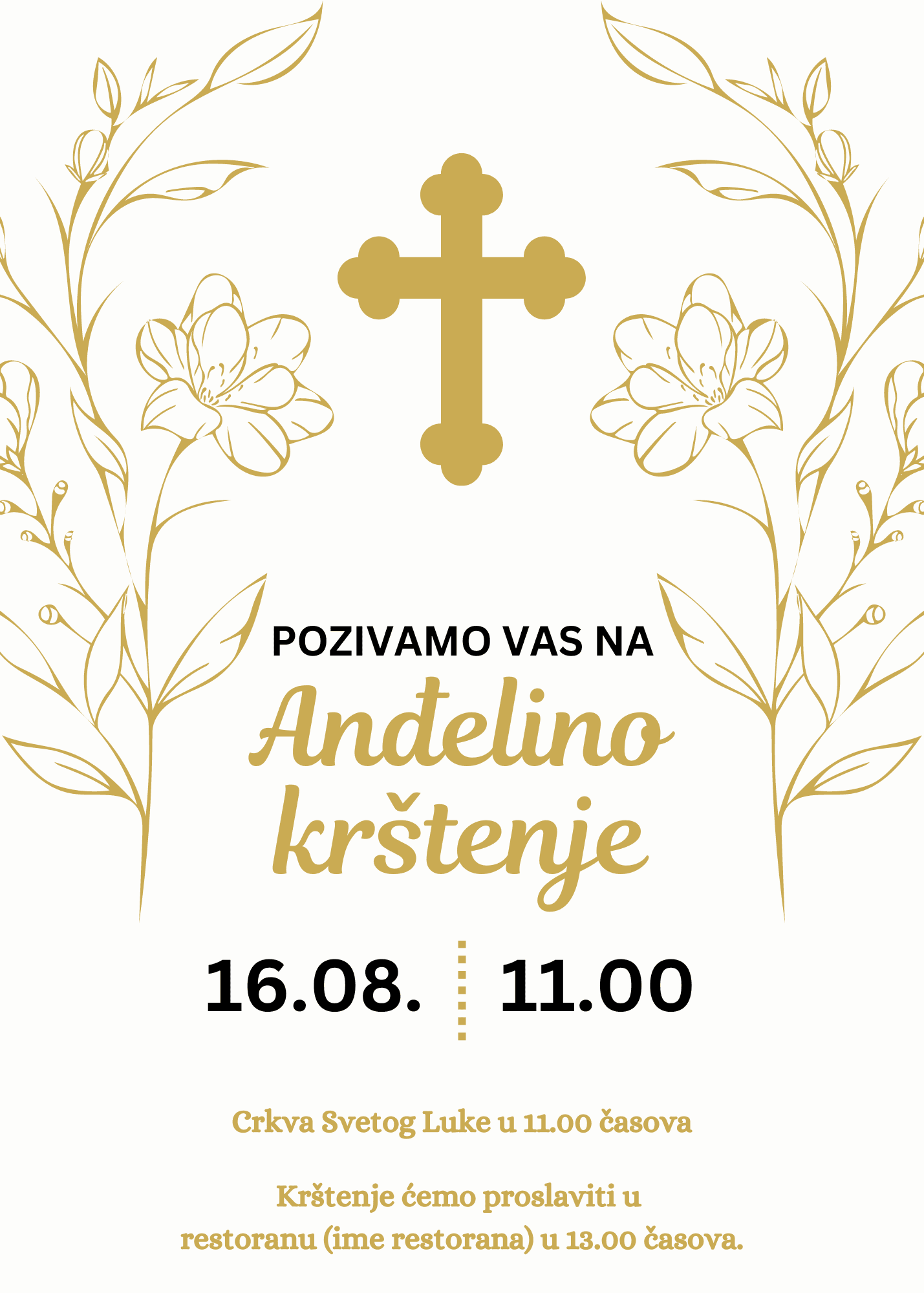 Pozivnica za krštenje sa ilustracijom cveća zlatne boje.