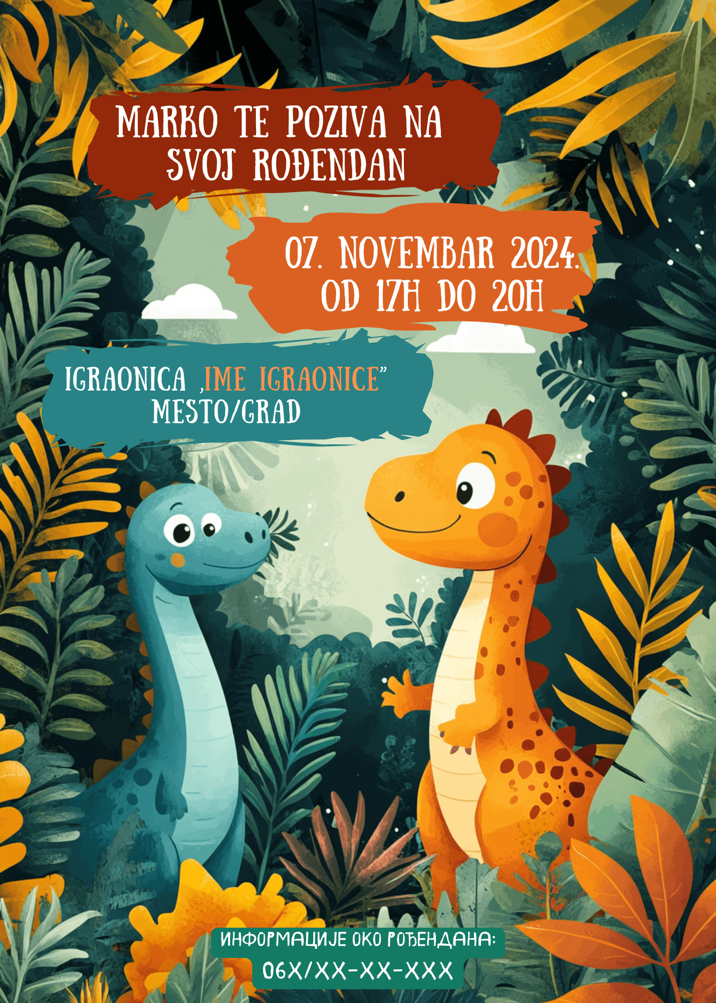 Pozivnica za rođendan sa plavim i narandžastim dinosaurom u prašumi.